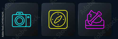 Set line Photo camera, Archeology and Compass. Black square button. Vector