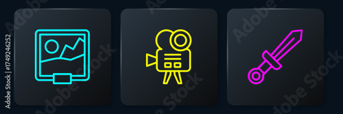 Set line Picture, Medieval sword and Retro cinema camera. Black square button. Vector