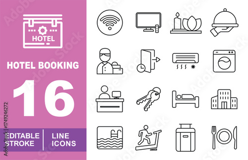 Hotel booking set of web icons in line style. Exclusive hotel booking line icon collection. Containing hotel, wifi, tv, candles, service, staff, door, airconditioning, service. Editable stroke. Vector