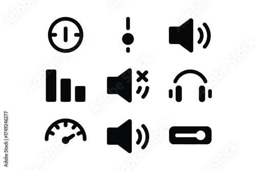 Set of 9 black and white audio and media control icons vector illustration for eps file format silhouette