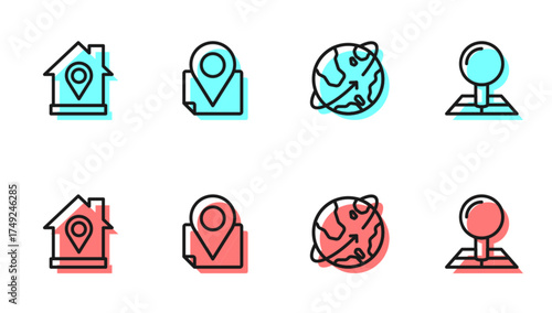 Set line Satellites orbiting the Earth, Location with house, Folded map location marker and icon. Vector