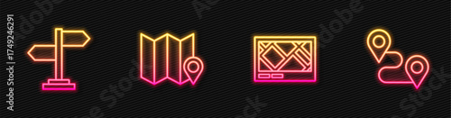 Set line Gps device with map, Road traffic sign, Folded location marker and Route. Glowing neon icon. Vector