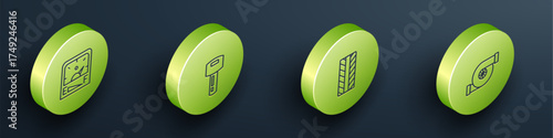 Set Isometric line Motor gas gauge, Car key with remote, tire wheel and Automotive turbocharger icon. Vector