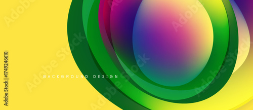 Abstract vibrant layers create dynamic visual flow. Yellow background contrasts colorful circular shapes, modern design element.