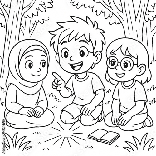 A heartwarming vector illustration of diverse children sharing a magical story in the park, perfect for a coloring book activity page