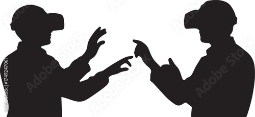 Two black silhouettes of people wearing virtual reality headsets interacting with their hands goggles