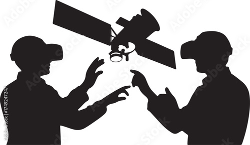 Two people wearing virtual reality headsets interact with a satellite illustration space