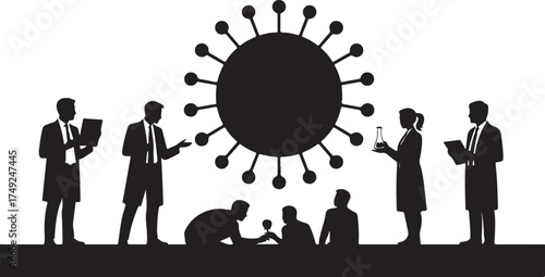 Black silhouette figures gathered around a large virus particle with one holding a flask coronavirus