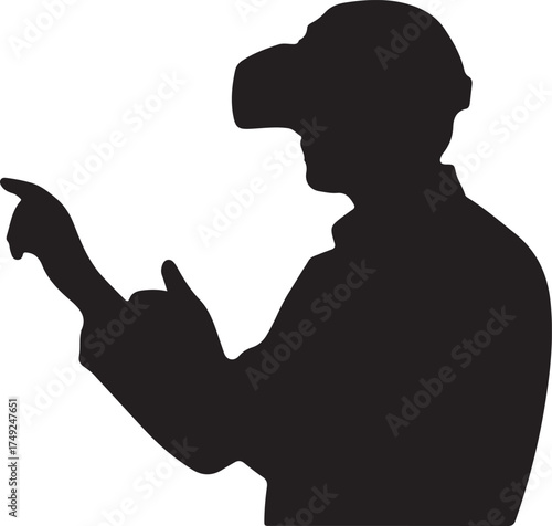 Black silhouette of a person wearing a virtual reality headset and pointing with their index finger VR headset