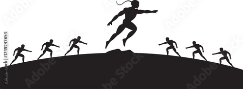 Black silhouette of a man leaping over a hill with other figures running behind jumping