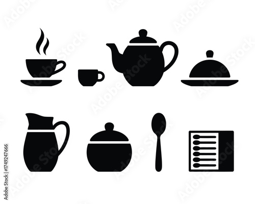 Collection of black silhouette icons for tea and coffee service and matches vector graphic silhouette