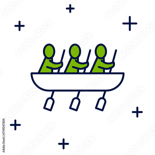 Filled outline Canoe rowing team sports icon isolated on white background. Three athletes with oars rowing in boat. Teamwork concept. Vector