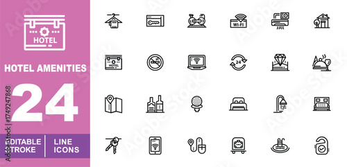 Hotel amenities set of web icons in line style. Exclusive hotel amenities line icon collection. Containing hotel, hanger, keycard, gym, wifi, conditioner, house, luggage and bed. Editable stroke.