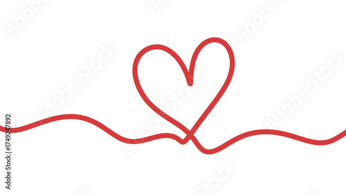 Red heart shape outline drawing on white background, simple continuous line illustration for love, romance and love concepts. Transparent background.