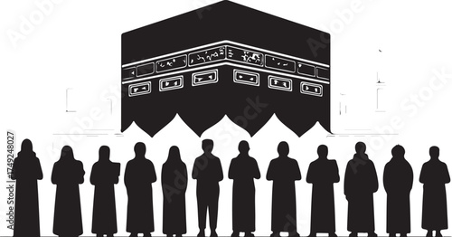 Black silhouette of the Kaaba with a line of people in traditional Islamic clothing standing in front