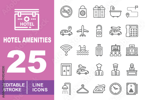 Hotel amenities set of web icons in line style. Exclusive hotel amenities line icon collection. Containing hotel, smoking, flower, gift, bathtub, location, car, and billiards. Editable stroke. Vector 