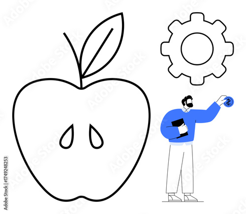 Large apple outline with seeds, gear as technology concept, man holding coin. Ideal for innovation, sustainability, investment, agriculture, technology balance business success. Simple flat