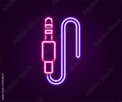 Glowing neon line Audio jack icon isolated on black background. Audio cable for connection sound equipment. Plug wire. Musical instrument. Colorful outline concept. Vector