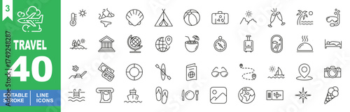 Travel set of web icons in line style. Exclusive travel line icon collection. Containing thermometer, bikini, shell, tent, ball, suitcase, mountains, cocktails. Editable stroke. Vector illustration.