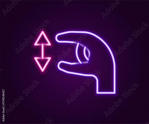 Glowing neon line Human standing and showing the size of something with his hands icon isolated on black background. Approximate measurements. Colorful outline concept. Vector