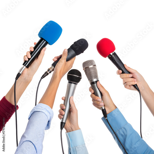 Microphones in the Spotlight: A collection of microphones held high, representing a press conference or media event, symbolizing the power of information and communication.