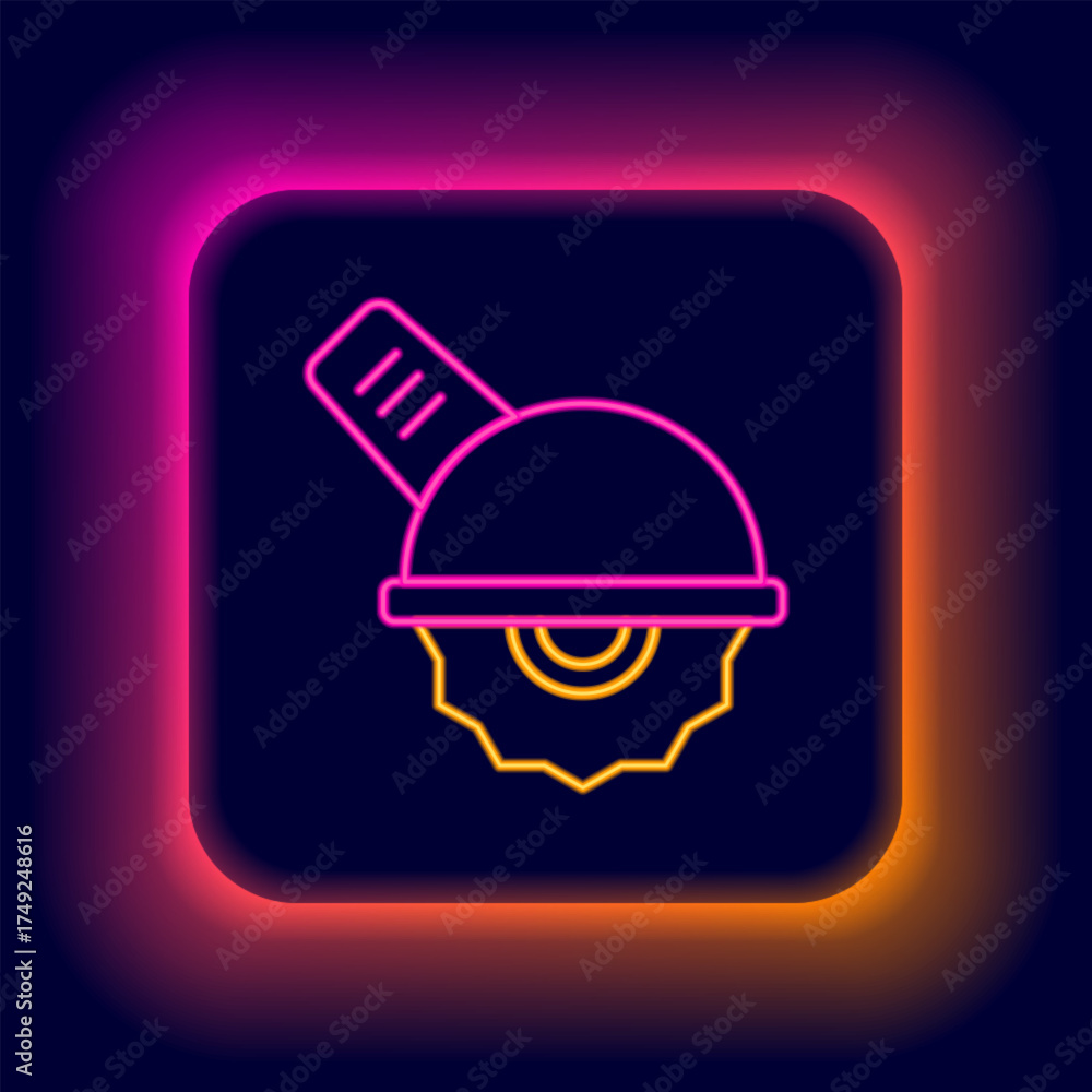 Fototapeta premium Glowing neon line Electric circular saw with steel toothed disc icon isolated on black background. Electric hand tool for cutting wood or metal. Colorful outline concept. Vector