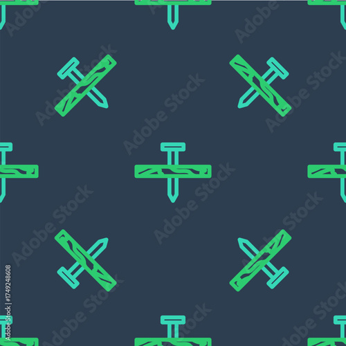 Line Metallic nail and wood plank icon isolated seamless pattern on blue background. Vector