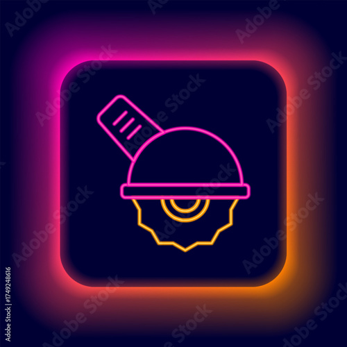 Glowing neon line Electric circular saw with steel toothed disc icon isolated on black background. Electric hand tool for cutting wood or metal. Colorful outline concept. Vector