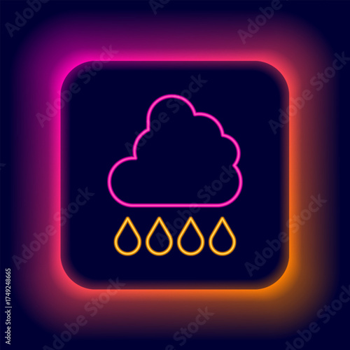 Glowing neon line Cloud with rain icon isolated on black background. Rain cloud precipitation with rain drops. Colorful outline concept. Vector