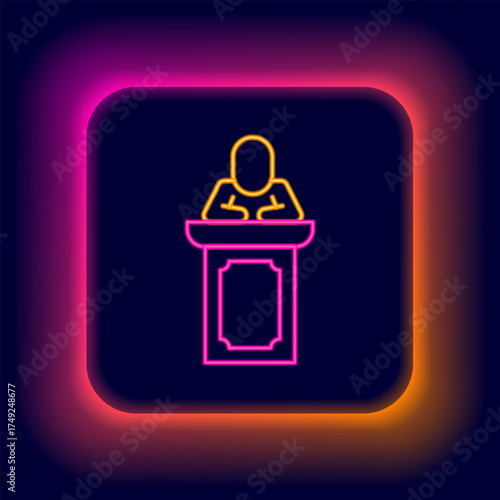 Glowing neon line Auction auctioneer sells icon isolated on black background. Auction business, bid and sale. Colorful outline concept. Vector