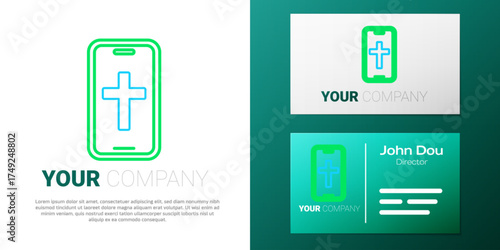 Line Christian cross on mobile phone icon isolated on white background. Church cross. Colorful outline concept. Vector