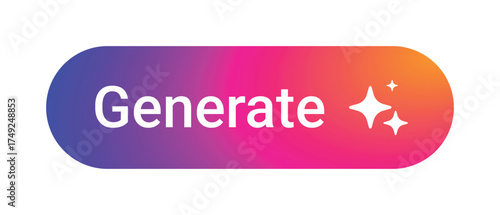 Colorful pink purple orange gradient generate button with sparkles icon, rounded vector UI element with white text, modern digital interface design isolated on transparent background tech platforms