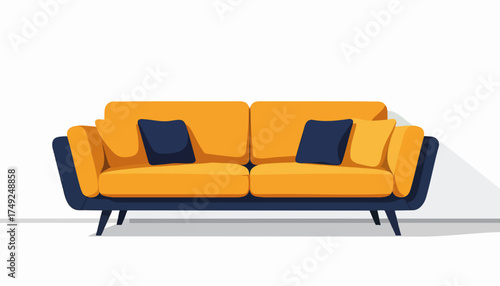 Modern orange and blue sofa illustration. Flat design furniture for interior decor. Comfortable couch for a living room or lounge. Vector graphic isolated on white background