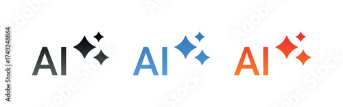 Gradient AI text icons with sparkle stars in black, blue, orange colors isolated on transparent background vector illustration for artificial intelligence branding technology logo concept