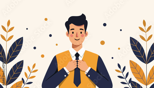 A professional businessman character adjusting his tie. Modern flat design vector illustration. Career success and confidence concept