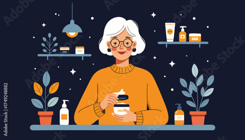 Senior woman with a nightly skincare routine. Self-care and beauty concept for mature skin. Flat design vector illustration of an elderly person applying face cream