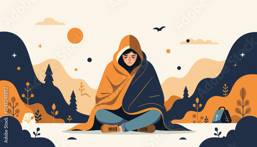 A person wrapped in a blanket representing a refugee or homelessness. Flat design vector illustration. Concept for humanitarian aid, crisis, and displacement