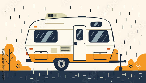 A retro camper trailer in the rain. Flat design vector illustration of a caravan for camping, vacation, and road trip concepts