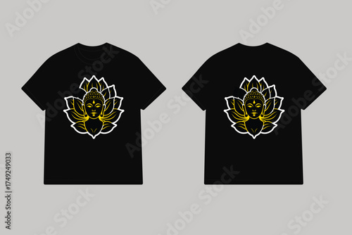 Black linocut buddha face yellow lotus vector