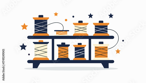 A collection of colorful thread spools on a shelf. Flat design vector illustration for sewing and crafts. Haberdashery and tailor supplies concept