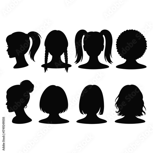 Set of eight diverse black silhouettes of women's hairstyles vector illustration scalable eps graphic silhouette