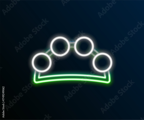 Glowing neon line Musical instrument percussion tambourine, with metal plates icon isolated on black background. Colorful outline concept. Vector