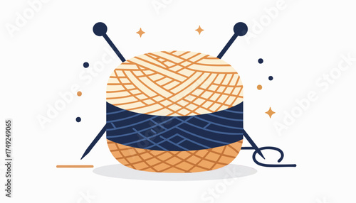 A ball of yarn with knitting needles icon. Flat design vector illustration for crafting and handmade hobbies. Creative graphic for knitting and crochet projects