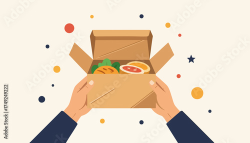 Hands holding an open food delivery box. Takeout meal kit and online ordering concept. Flat design vector illustration