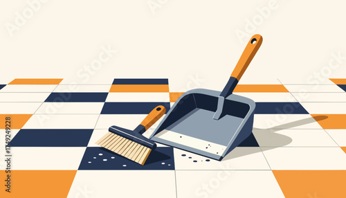 A brush and dustpan for cleaning a tiled floor. Modern flat design vector illustration. Household chores and sweeping concept graphic