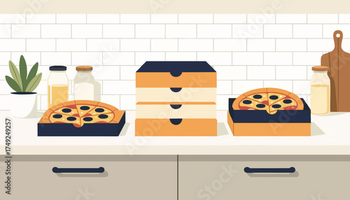 Pizza delivery boxes on a kitchen counter. Flat design vector illustration of fast food. Pizzeria takeout and food service concept