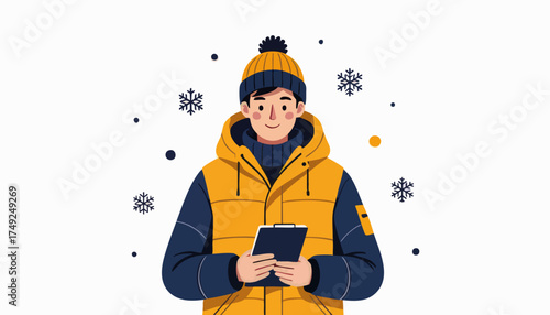 Man in winter jacket and hat holding a clipboard. Flat design vector illustration of a worker or supervisor. Cold weather and snow concept