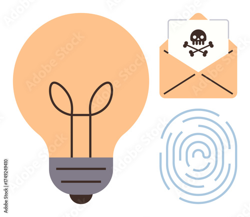 Light bulb, malware email with skull, and fingerprint represent innovation, cyber risks, and security. Ideal for technology, innovation, security, hacking digital threats data protection