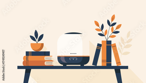 Flat design illustration of an essential oil diffuser on a shelf. Cozy home interior scene with books and plants. Vector graphic for wellness and self-care concepts