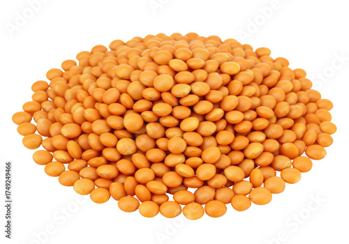 Pile of red lentils isolated on transparent background, healthy vegan protein source for soups and stews, nutritious legume